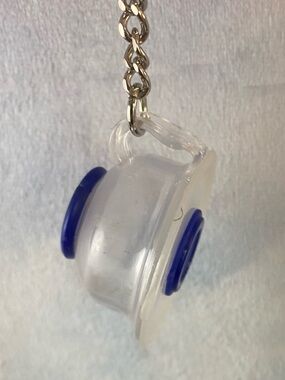 Vintage Tupperware Clear Mini Container Keychain with Blue Accents Key Ring